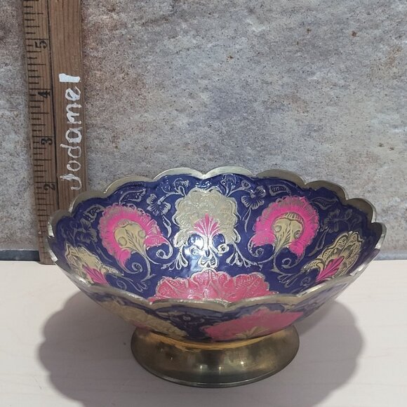 Vintage Saida China House Cloisonné Bowl Pink Purple Brass Geometric - Picture 9 of 9